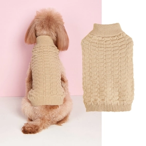 Detailed knit waffle texture and high-neck collar design of khaki pet dog sweater