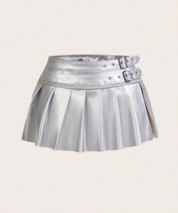 Detail of silver metallic pleated mini skirt featuring dual buckle belt and cyber-punk style