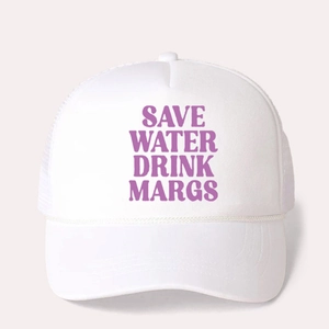 White foam trucker hat with SAVE WATER DRINK MARGS purple print and mesh back