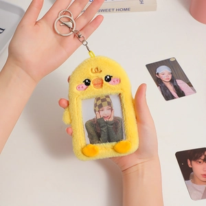 Cute yellow plush chick photocard holder keychain for 3 inch idol cards and campus IDs
