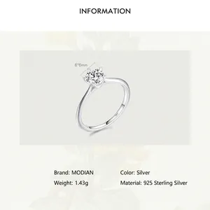 Classic 925 sterling silver four-prong ring with a 6mm round cubic zirconia centerpiece