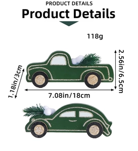 Detail view of green wooden Christmas car ornaments with gold glitter and snow effects