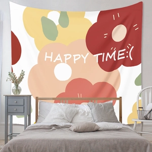 Detail of floral tapestry featuring colorful hand-drawn flowers and Happy Time art text