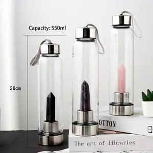 550ml glass water bottle with natural crystal column insert and stainless steel lid