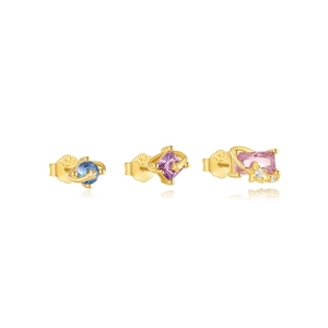S925 sterling silver gold earrings set with blue, purple and pink zircon studs