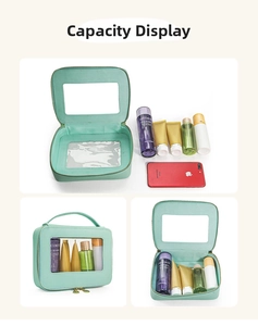 Mint green makeup bag detail with large clear PVC window and spacious storage capacity