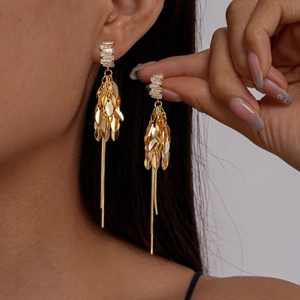 Leaf Tassel Earrings Copper Zircon Long Dangle Jewelry With 925 Sterling Silver Earring Post Vintage For Women