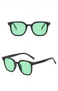 Front and side views of vintage square black frame sunglasses with green lenses