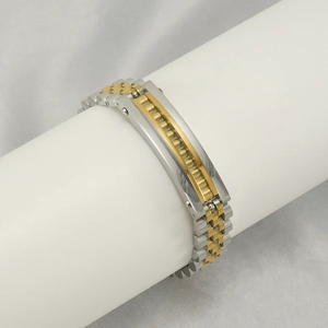 Silver and gold stainless steel men's watchband-style link bracelet with polished finish