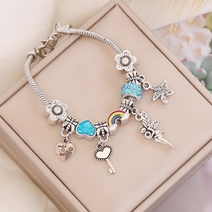 Alloy Enamel Heart Charm Bracelet Silver Color Snake Chain Fairy Rainbow Jewelry Women