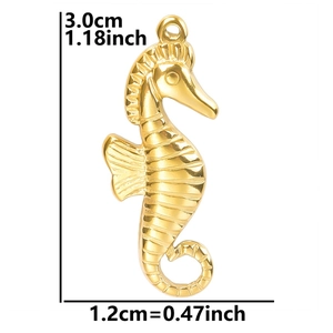 Detailed view of gold seahorse pendant with size dimensions 3.0cm height and 1.2cm width