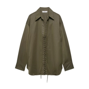 Olive green long sleeve V-neck blouse with metallic eyelets and lace-up front detail
