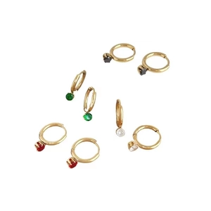 Set of nine gold-plated stainless steel hoop earrings with colorful gemstones on white background