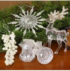Detailed Christmas ornaments set featuring acrylic snowflakes, reindeer, and pearl string