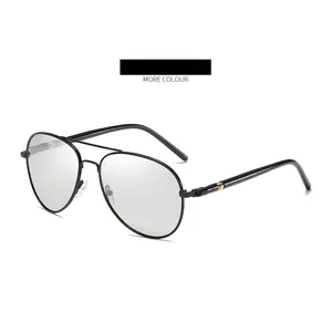 Polarized photochromic aviator sunglasses with black metal frame for day and night use