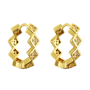 Golden geometric earrings with micro-inlaid clear zircon stones on a white background
