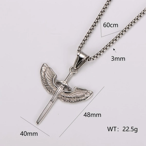 Retro stainless steel sword with wings pendant necklace for men with detailed engraving
