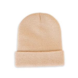Detailed view of the soft knitted texture and wide folded brim on a beige beanie cap