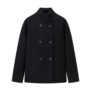 Women's black wool coat with double-breasted buttons and high stand collar stylish jacket