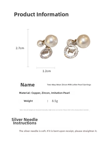 Detail of zircon letter pearl earrings showing dimensions 2.7cm height and 1.2cm width