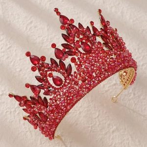Luxurious gold alloy bridal crown with red rhinestones for weddings and performances