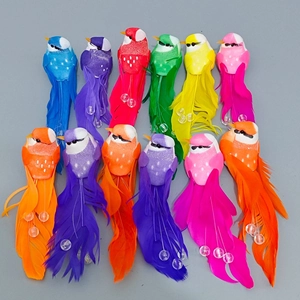 Set of 12 colorful artificial birds with real feather tails and decorative beads