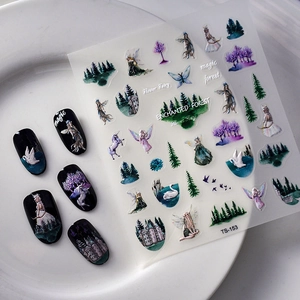 3D embossed forest fairy nail art stickers with unicorns, castles and magic plants