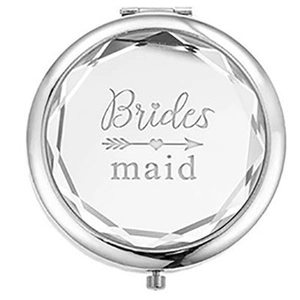 Rose gold bridesmaid compact mirror with engraved Bridesmaid lettering for wedding gifts
