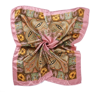 Pink paisley square silk scarf with elegant vintage patterns and satin finish
