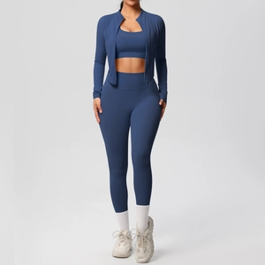 Set yoga tre pezzi blu scuro con giacca con cappuccio e leggings sportivi a vita alta