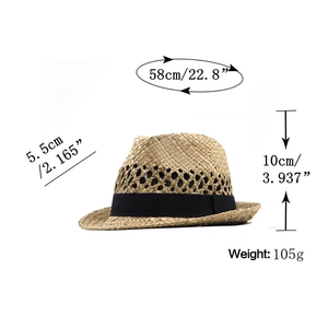 Cappello di paglia classico con nastro nero e misure dettagliate della taglia in cm e pollici