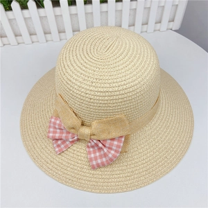 Beige straw sun hat for women featuring a stylish plaid bow and wide brim design