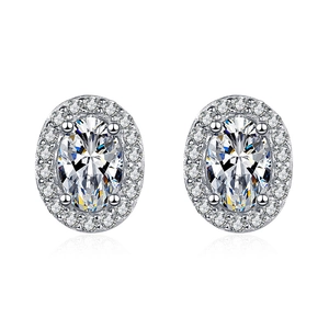 Classic oval halo moissanite stud earrings in s925 silver with sparkling center stone