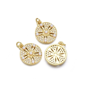 Star flower pendant necklace with gold plating, micro-pave zircons and white pearls