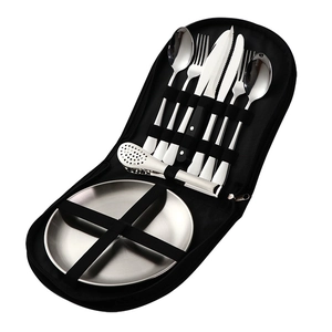 Portable stainless steel cutlery set for camping with black storage case and two round plates