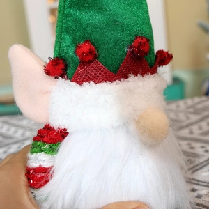 Plush Christmas gnome with green pointed hat and white beard holiday decoration