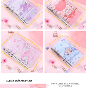 Detail showing four styles of transparent PVC loose-leaf binders with cute cartoon prints