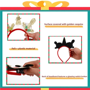 Detail of glowing Christmas reindeer headband with gold sequins and leaf accents