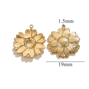 Detailed view of 18K gold plated sunflower charms with 19mm diameter and size markers