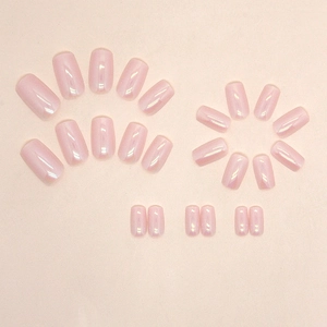Pink aurora long square press-on nails with iridescent pearl finish and 24 piece set