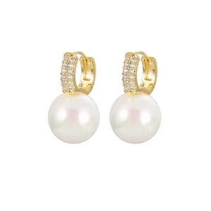 Elegant gold pearl hoop earrings with three rows of micro-pave white zircon crystals