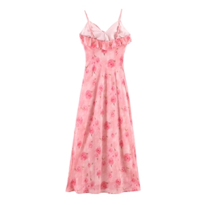 Rosa Kleid mit Blumendruck, Spaghettiträgern, Rüschenbesatz und schlanker Silhouette