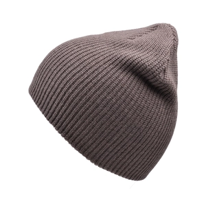 Detailed view of the dark brown ribbed knit pattern on a thick winter beanie hat