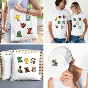 American football style letter embroidery patches applied to bags, t-shirts, and caps