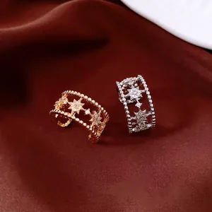 Adjustable Open Ring For Women Double Layer Copper With Zircon Star Hollow Out Design Light Luxury Fashion Jewelry