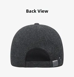 Detail view of the back of a dark grey wool baseball cap with an adjustable silver buckle