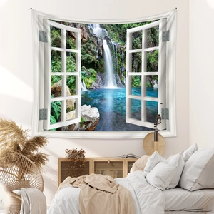 Detail showing the landscape waterfall pattern window illusion tapestry on a bedroom wall