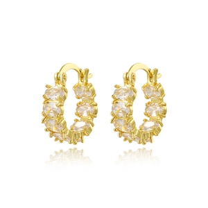18k gold plated hoop earrings with pave set oval cubic zirconia stones for women