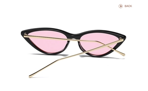 Back view of retro cat-eye sunglasses with pink lenses and gold metal temples