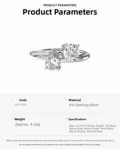 Detailed view of S925 sterling silver ring with 5A round and pear cut cubic zirconia stones